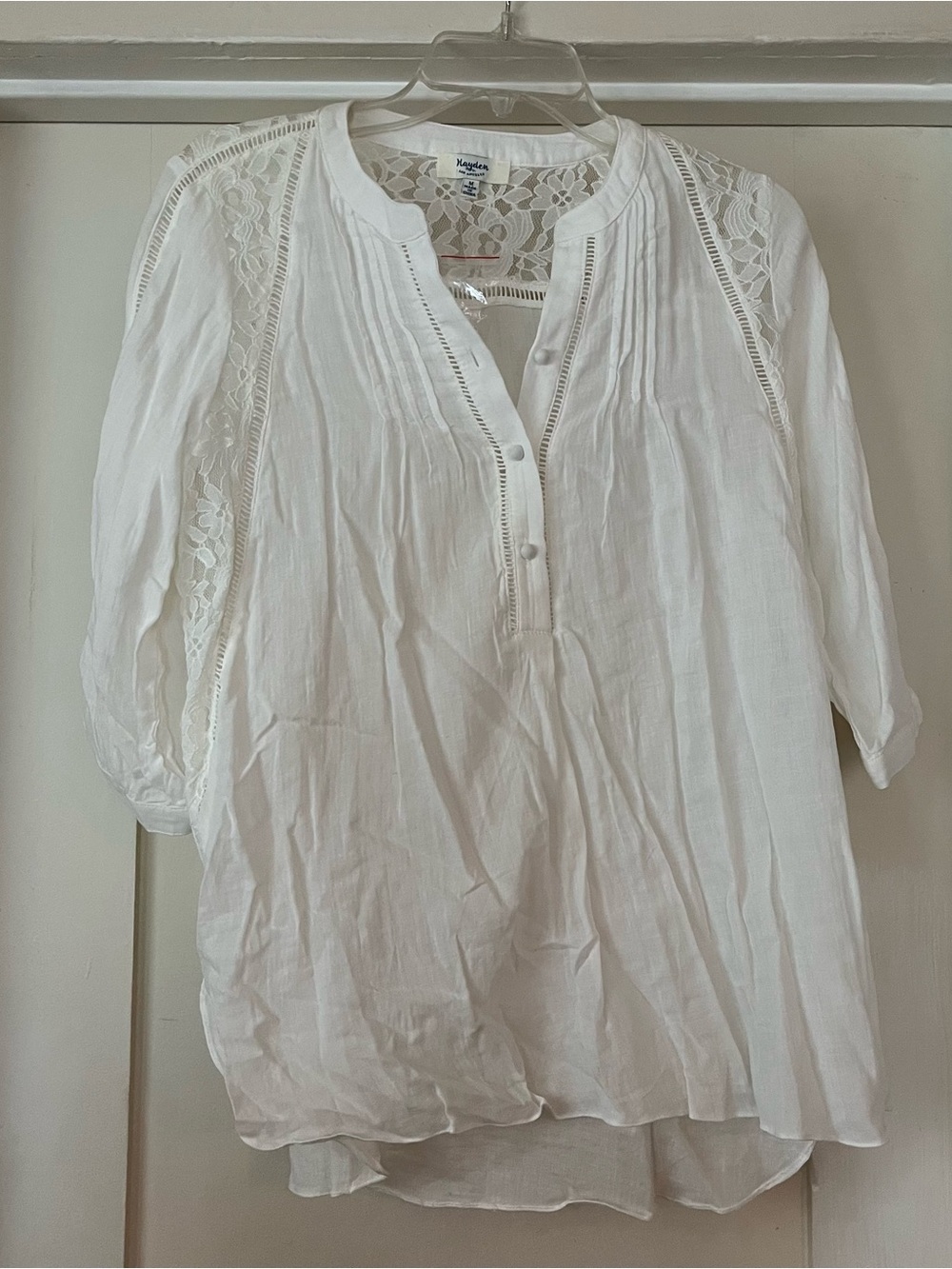 Hayden‎ Los Angeles Sheer White Bohemian Lace 3/4 Sleeve Peasant Blouse Top M